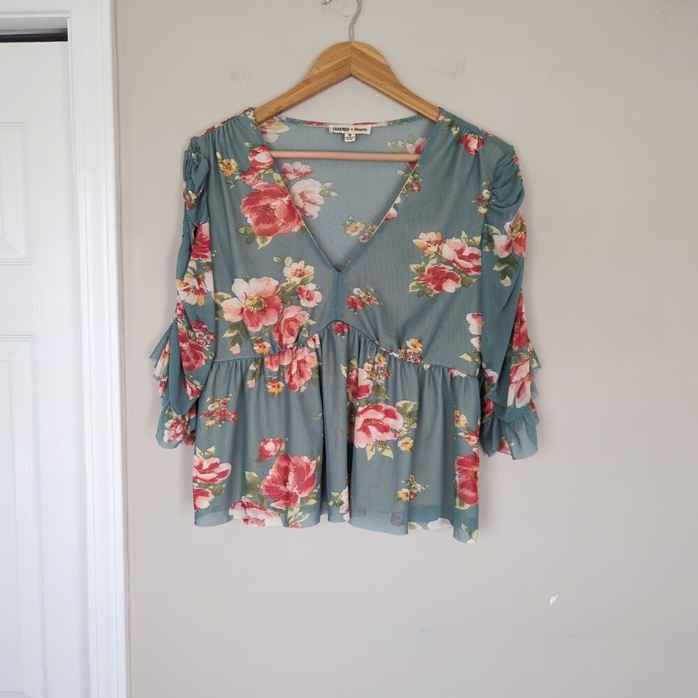 Charmed Hearts Y2K Mesh Floral Babydoll Top Medium Coquette 2000's Fairy Cute